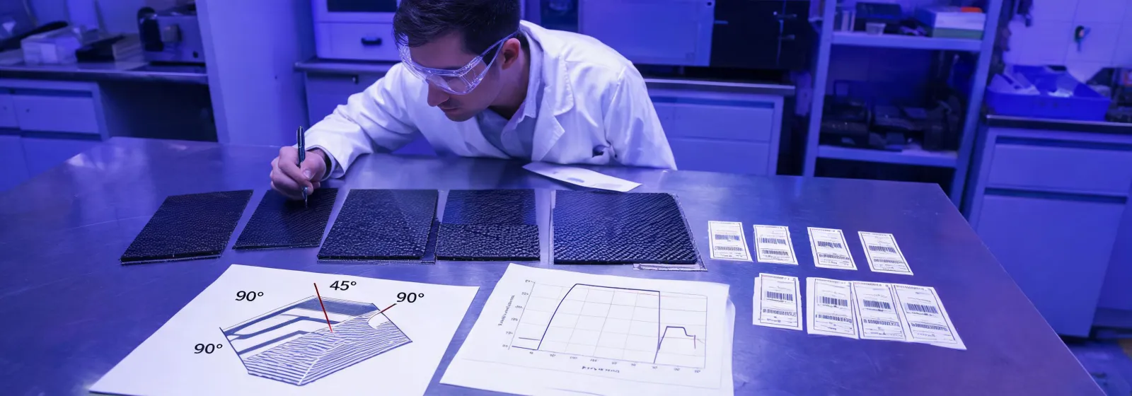 Composite engineer reviewing laminate coupons and layup records